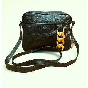 BASIX New York Black Crocodile Embossed Leather Shoulder Bag Chunky Chain Accent